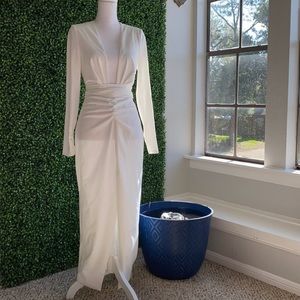 Long sleeve white deep plunge dress